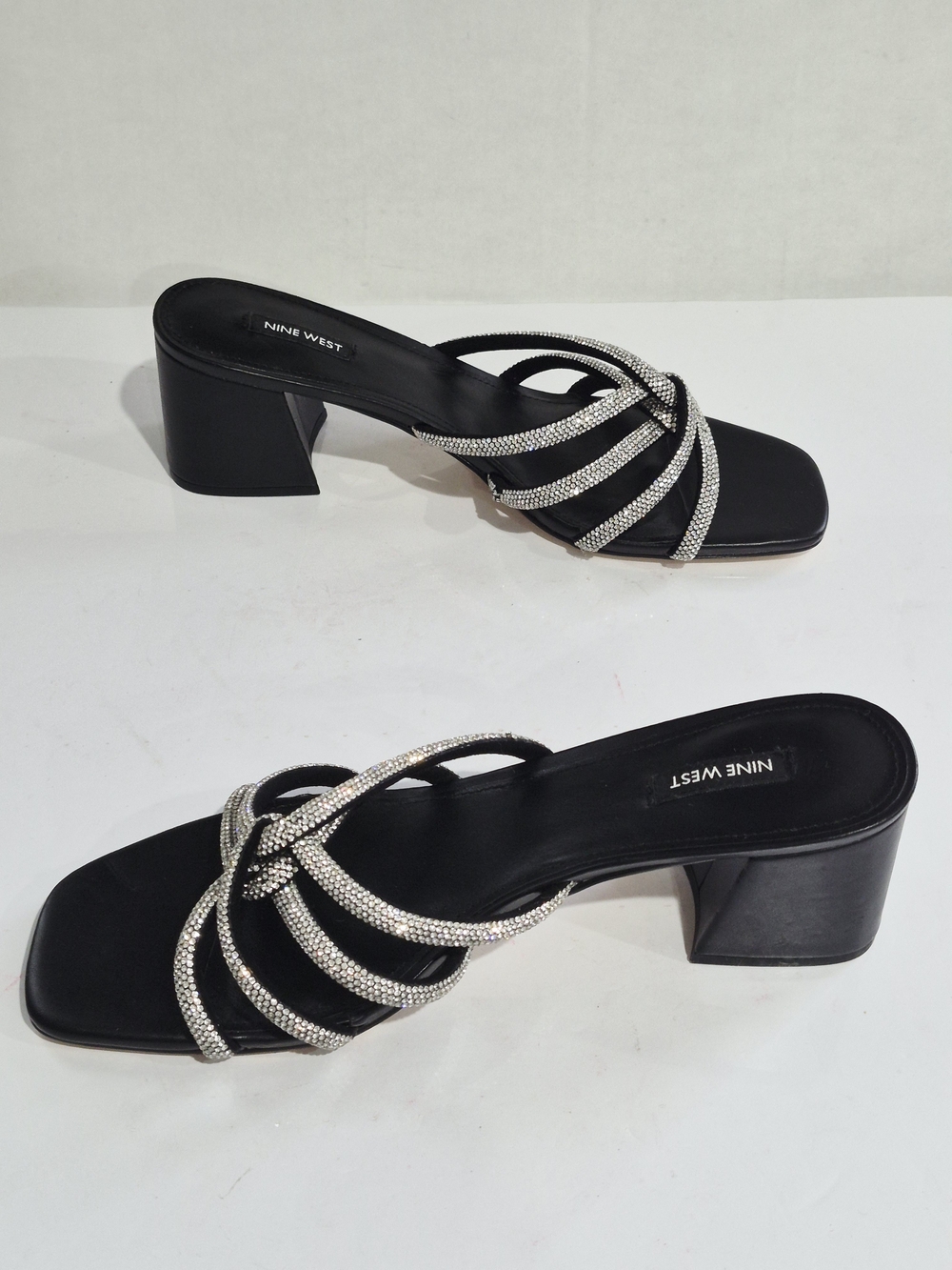 Nine West Black Heeled Slide Sandals with Silver Crystal Straps Size 12